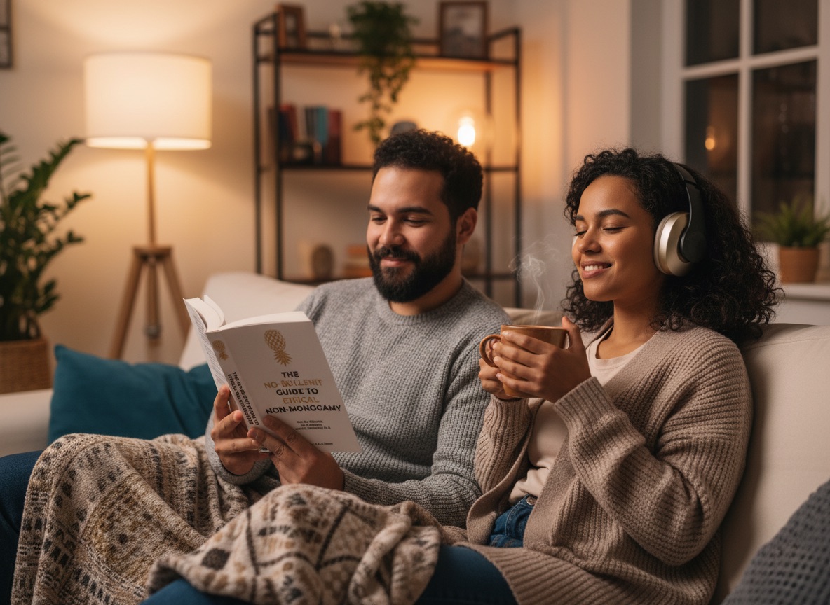 A couple relaxing on a sofa, reading and listening to The No-Bullshit Guide to Ethical Non-Monogamy
